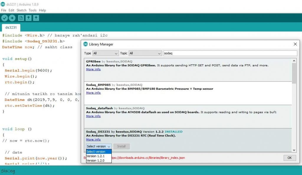نصب کتابخانه برای کدنویسی ماژول DS3231 با آردوینو