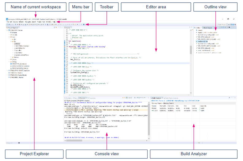 پنجره‌ها و منوهای اصلی STM32CubeIDE